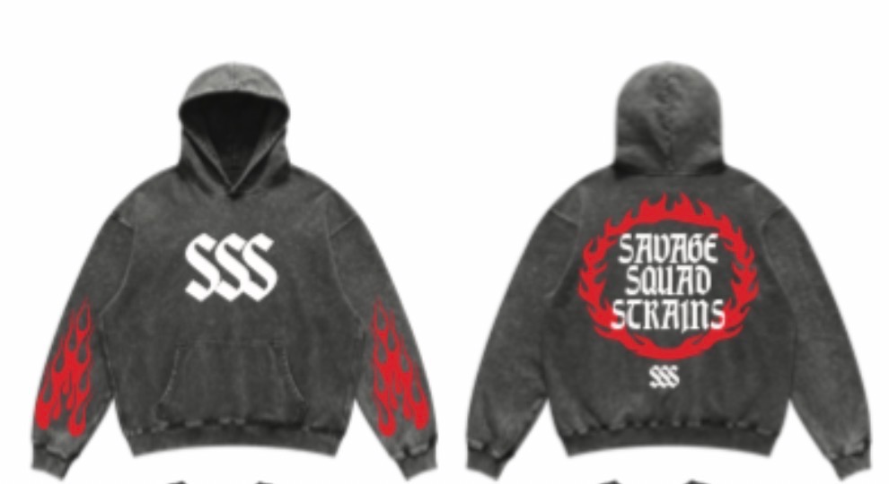 Savage Squad washed hoodie with red flame sleeves
